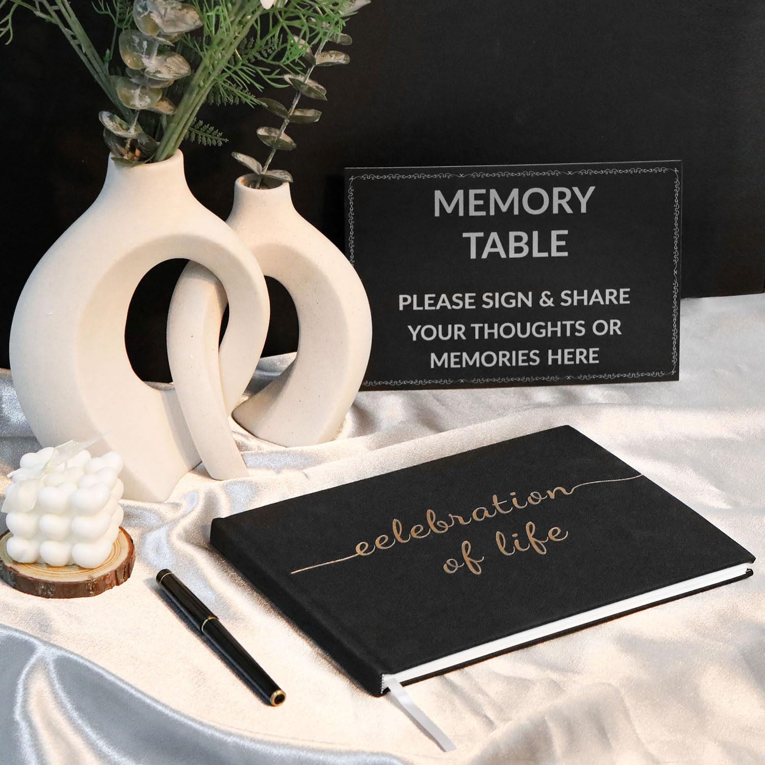 Funeral Guest Book for Memorial Service, Celebration of Life Guest Book with Table Sign, Pen and Box, Guest Sign in Book for Funeral Service, Elegant Black Memorial Books for Celebration of Life