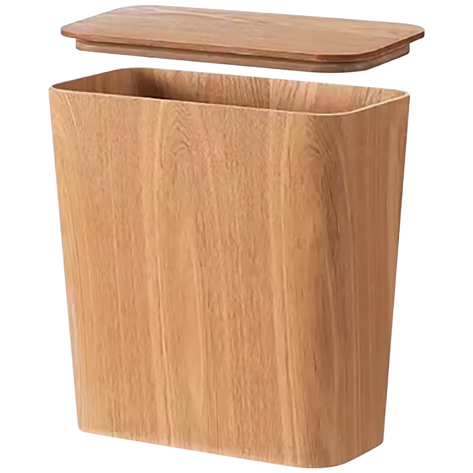 Light Wood Grain Indoor Trash Can w/Removable Cover - 3.4-Gallon Modern Waste Bin for Office, Bedroom, Bathroom - Slim Garbage Basket with Plastic Trash Bag Holder - Covered Diaper Trash Can