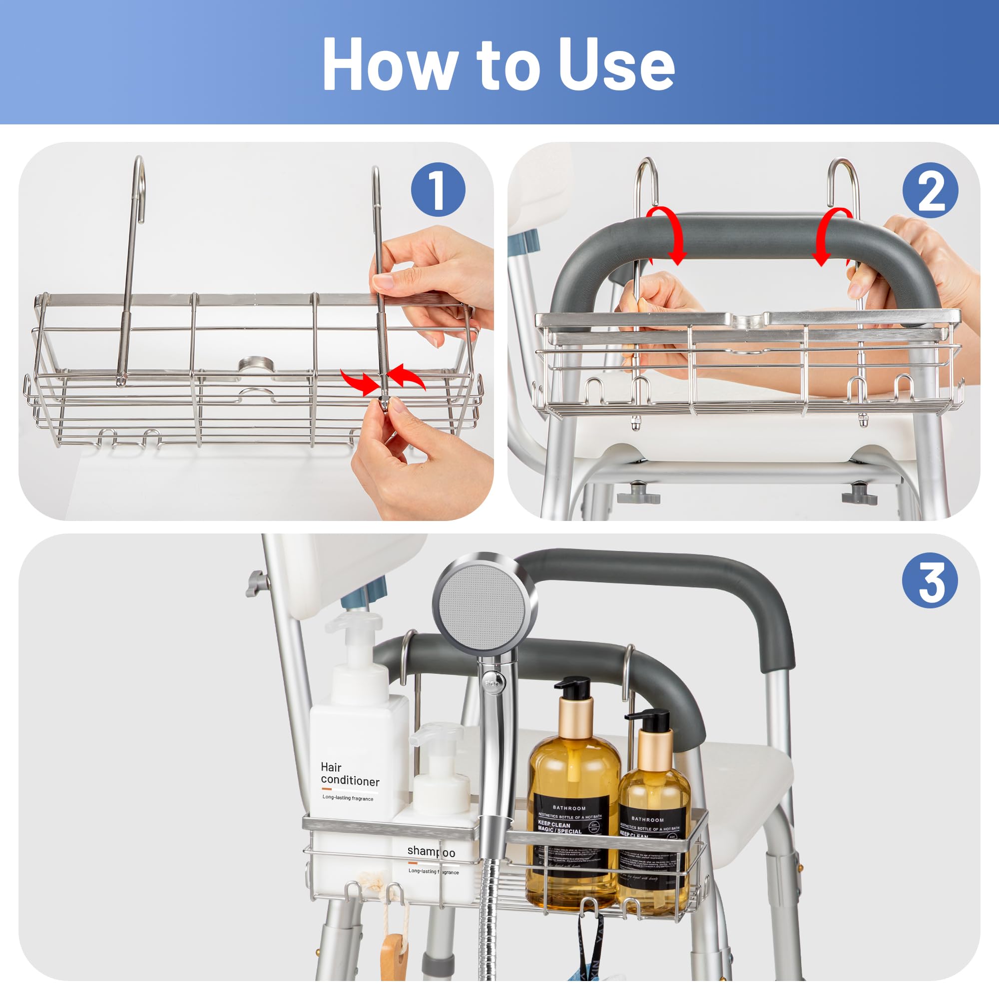 YUOROS Shower Caddy Hanging, 304 Stainless Steel Shower Organizer Rack for Shower Chair Bench for Elderly Seniors Disabled Handicap