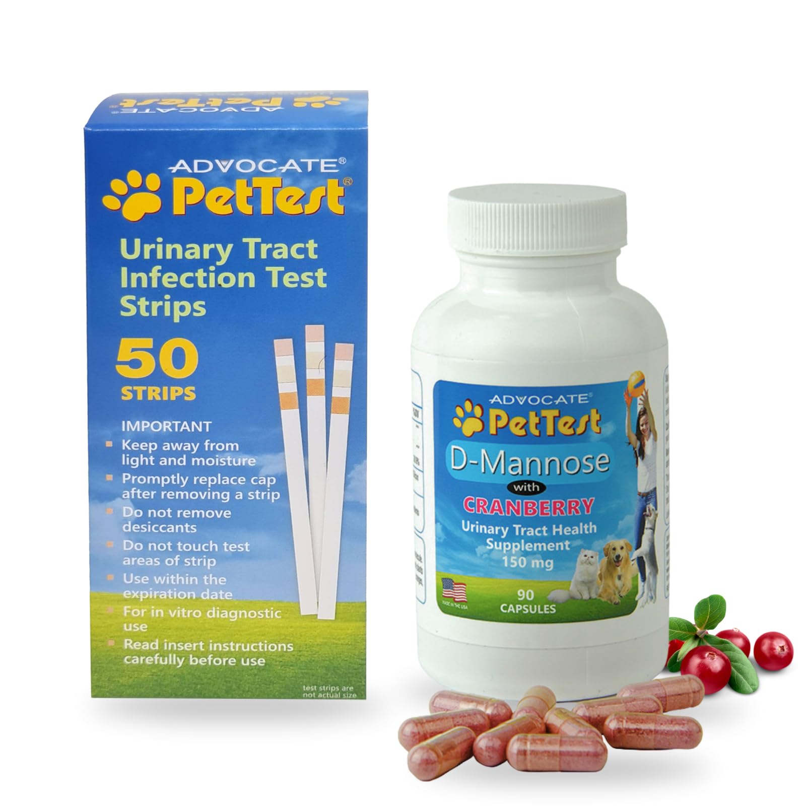 Pet UTI Health Bundle: PetTest UTI Test Strips + D Mannose Cranberry Supplement for Dog UTI Treatment and Cat UTI Remedy - Easy Home Urinary Tract Infection Detection & Support Cats & Dogs