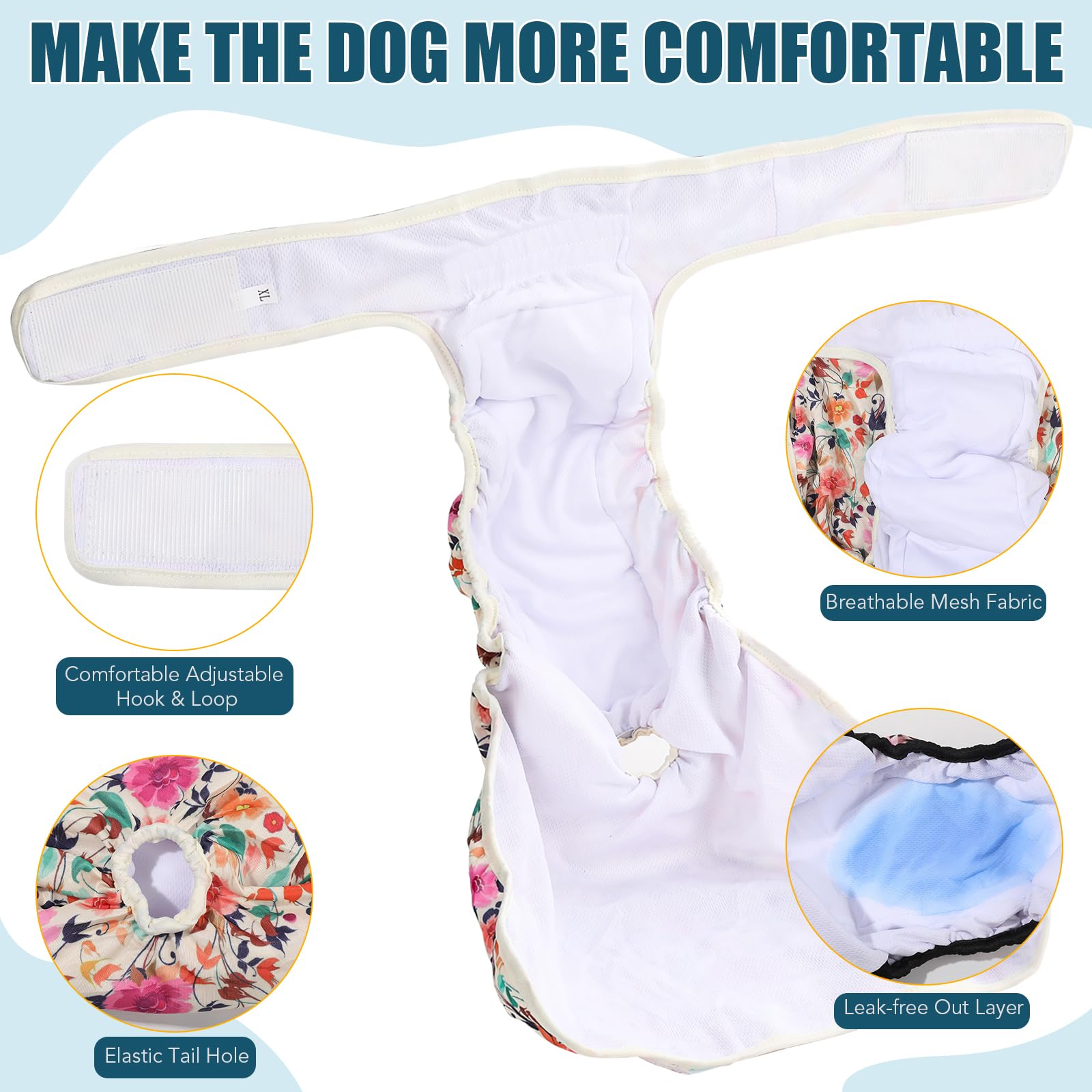 XPCARE Dog Diaper Female (4 Pack) - Washable Reusable Durable Dog Diapers - Highly Absorbent Female Dog Diapers - Dog Aiaper for Dogs in Heat,Incontinence or Excitatory Urination(M)