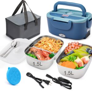 Electric Lunch Box Food Heater with Dual 1.5L Containers, 80W Leakproof Portable Heated Lunch Box for Adults Truck Work, 12V/24V/110V Heating Lunch Box with SS Fork Spoon, Sauce Box and Insulated Bag