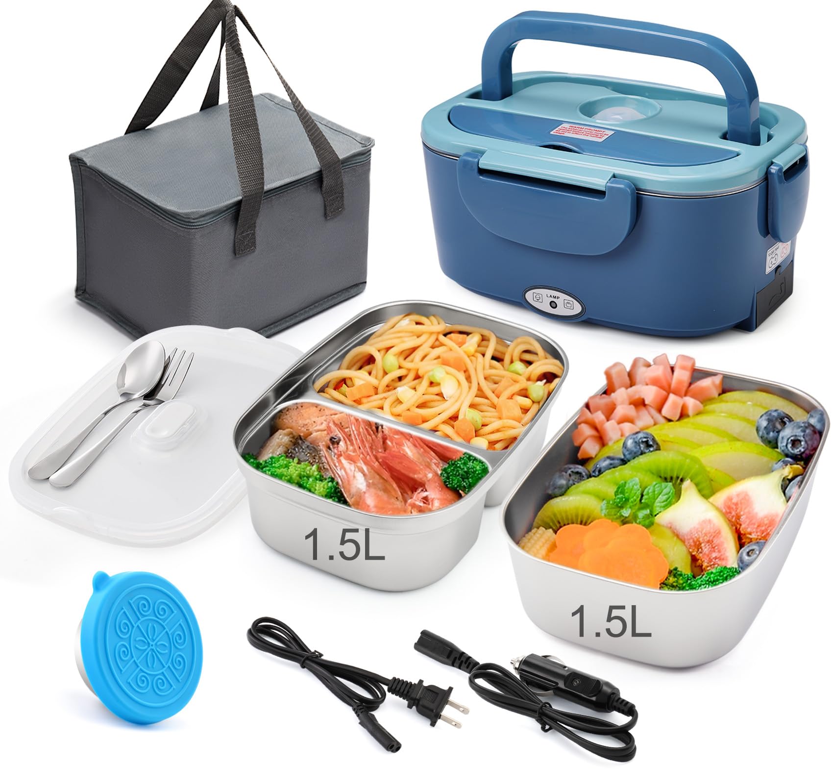 Electric Lunch Box Food Heater with Dual 1.5L Containers, 80W Leakproof Portable Heated Lunch Box for Adults Truck Work, 12V/24V/110V Heating Lunch Box with SS Fork Spoon, Sauce Box and Insulated Bag