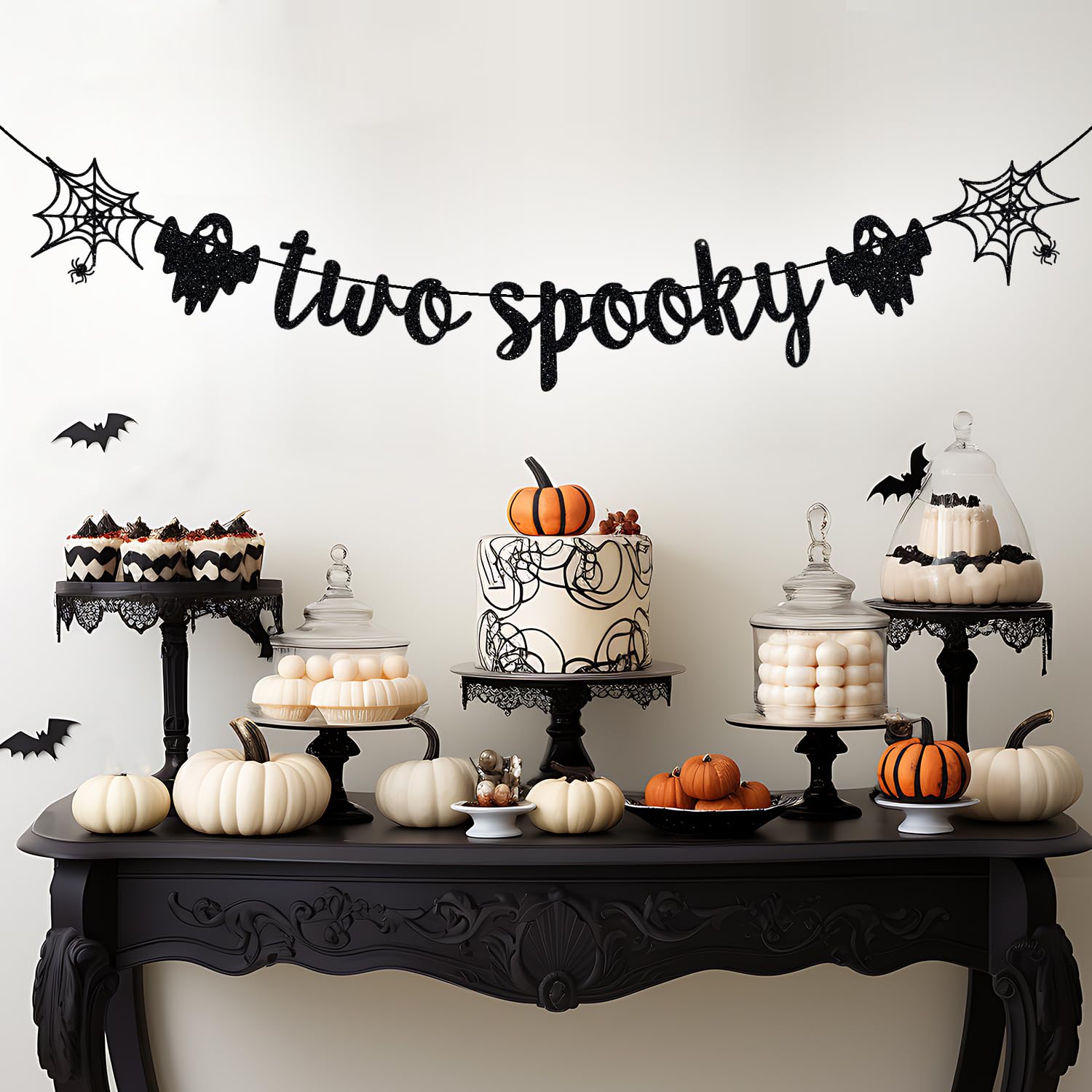 Two Spooky Banner, Halloween 2nd Birthday Party Decor, Two Spooky Birthday Decorations, Halloween Birthday Baby Shower Party Decorations, Black Glitter