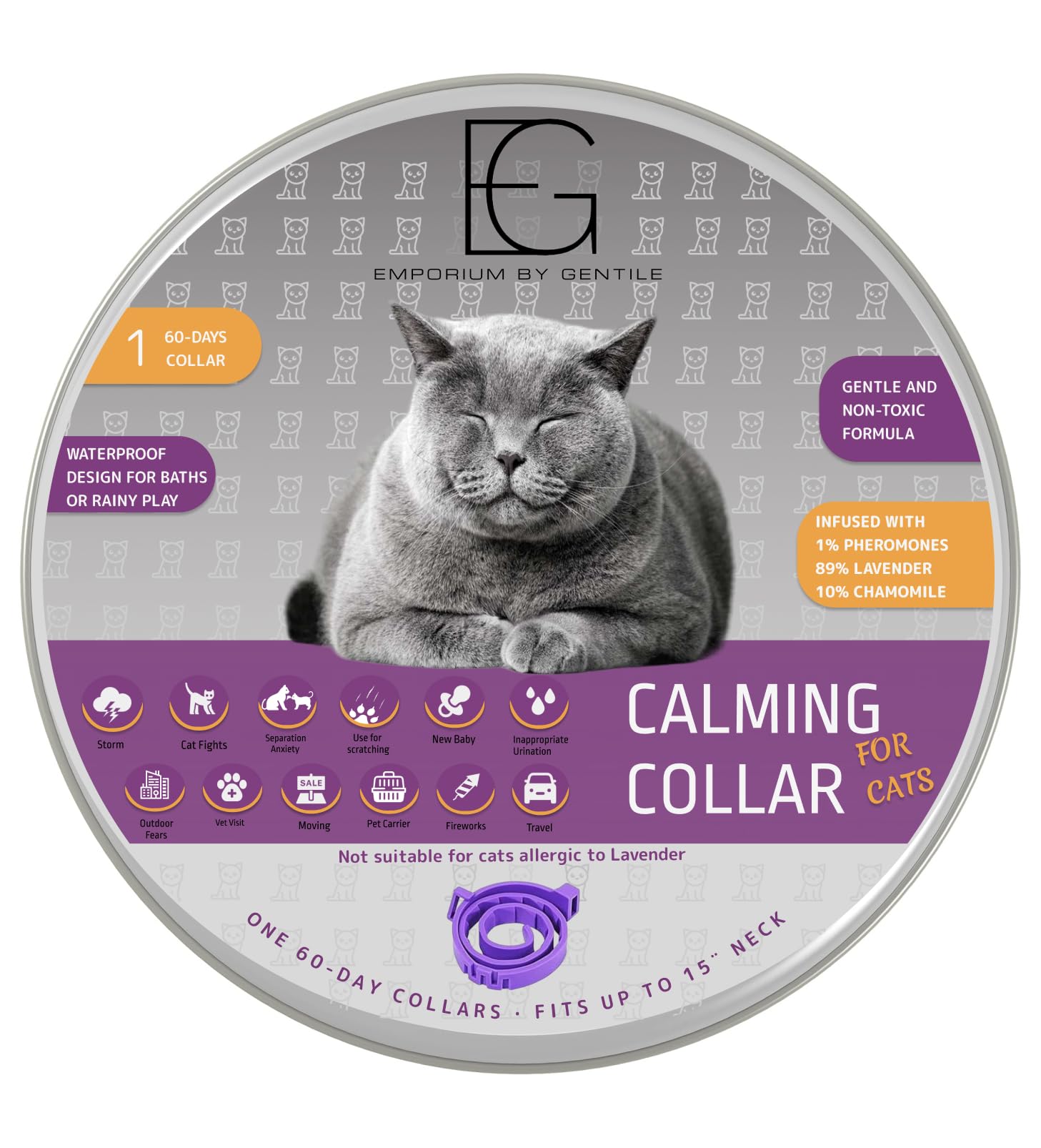 Calming Collar for Cats, for 60-Days with Fast-Acting Pheromones for Anxiety and Stress Relief, Provides Long-Lasting Comfort, Keeps Your Cat Calm and Relaxed, Lavender Aromatherapy