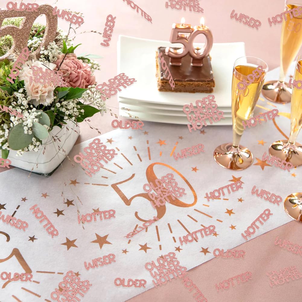 Older Wiser Hotter Glitter Confetti for Rose Gold Birthday Party Table Scatter, Pink Table Decorations for Women Girls 25th 30th 40th 50th 60th 70th 80th Birthday Anniversary Paper Confetti (100 PCS)