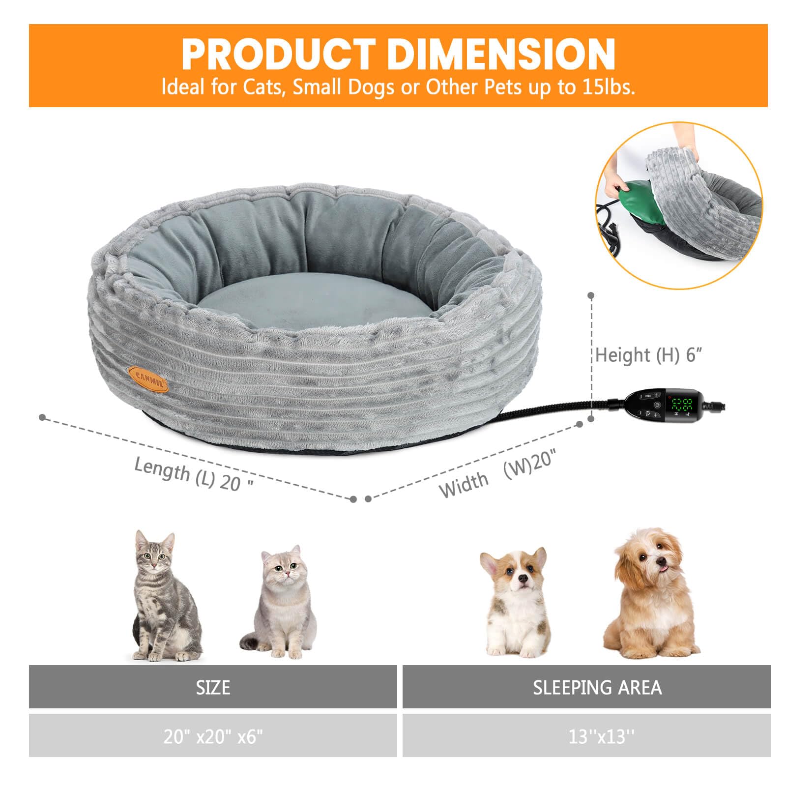 Heated Cat Bed for Indoor Cats, 20’’ Electric Cat Heated Bed Pet Warming Bed for Cats and Small Dogs, Washable Calming Round Donut Pet Bed with Heating Pad, Indoor Use