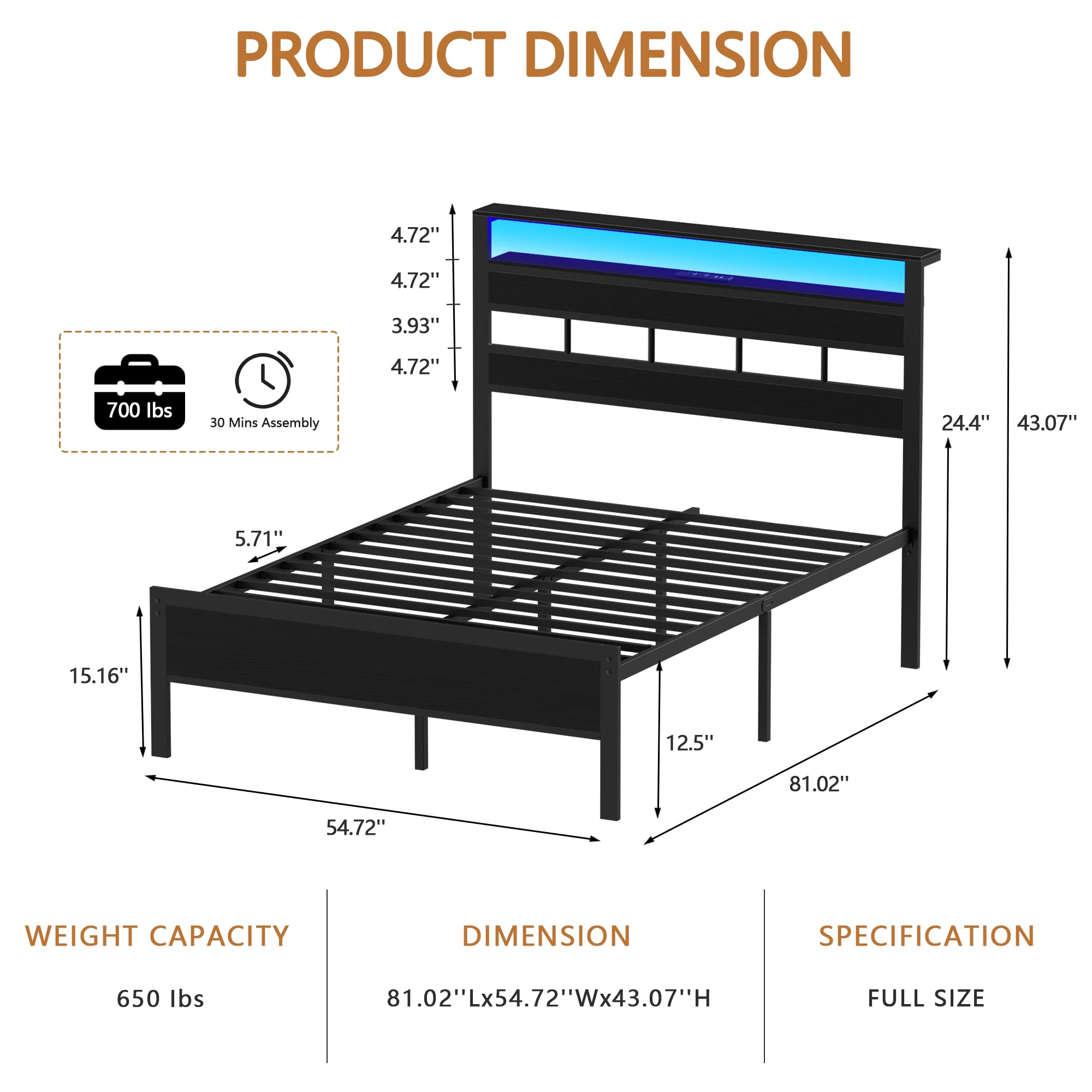 Furnulem Full Size Bed Frame with LED Light and Charging Station, Storage Headboard with 2-Tier Shelves, Metal Platform Bed with Heavy Duty Slats Support, No Box Spring Needed, Black Oak