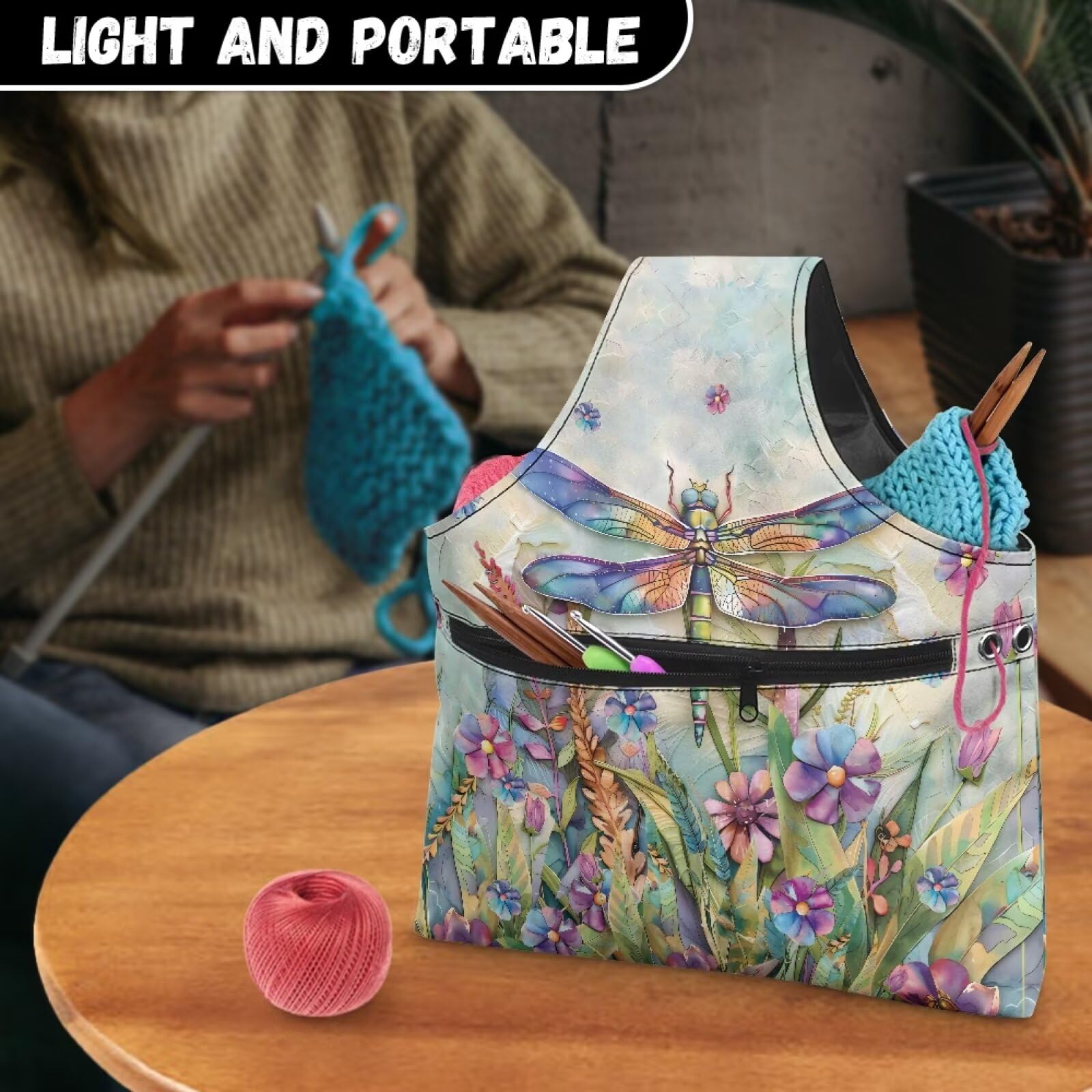 KUIFORTI Dragonfly Crochet Bag Large Yarn Bags for Crocheting on The Go, Flower Crochet Hook Organizer Knitting Bags Canvas Crochet Bags and Totes