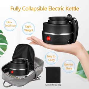 0.6L Collapsible Travel Kettle 110V, Foldable Handle Design for More Portability, Food Grade Silicone Small Electric Tea Kettle for Fast Water Boiling, Black