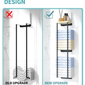 Towel Racks for Bathroom, 2 Tier Wall Towel Holder with Wood Shelf, Metal Wall Mounted Towel Rack Bathroom Organizers and Storage, Black -V1