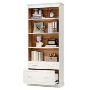 Tribesigns 5-Shelf Bookcase with File Cabinet Drawer, 72" Tall White Bookshelf, Modern Free-Standing Wood Bookcase, Large Open Display Storage Book Shelf for Living Room, Home Office, White & Oak