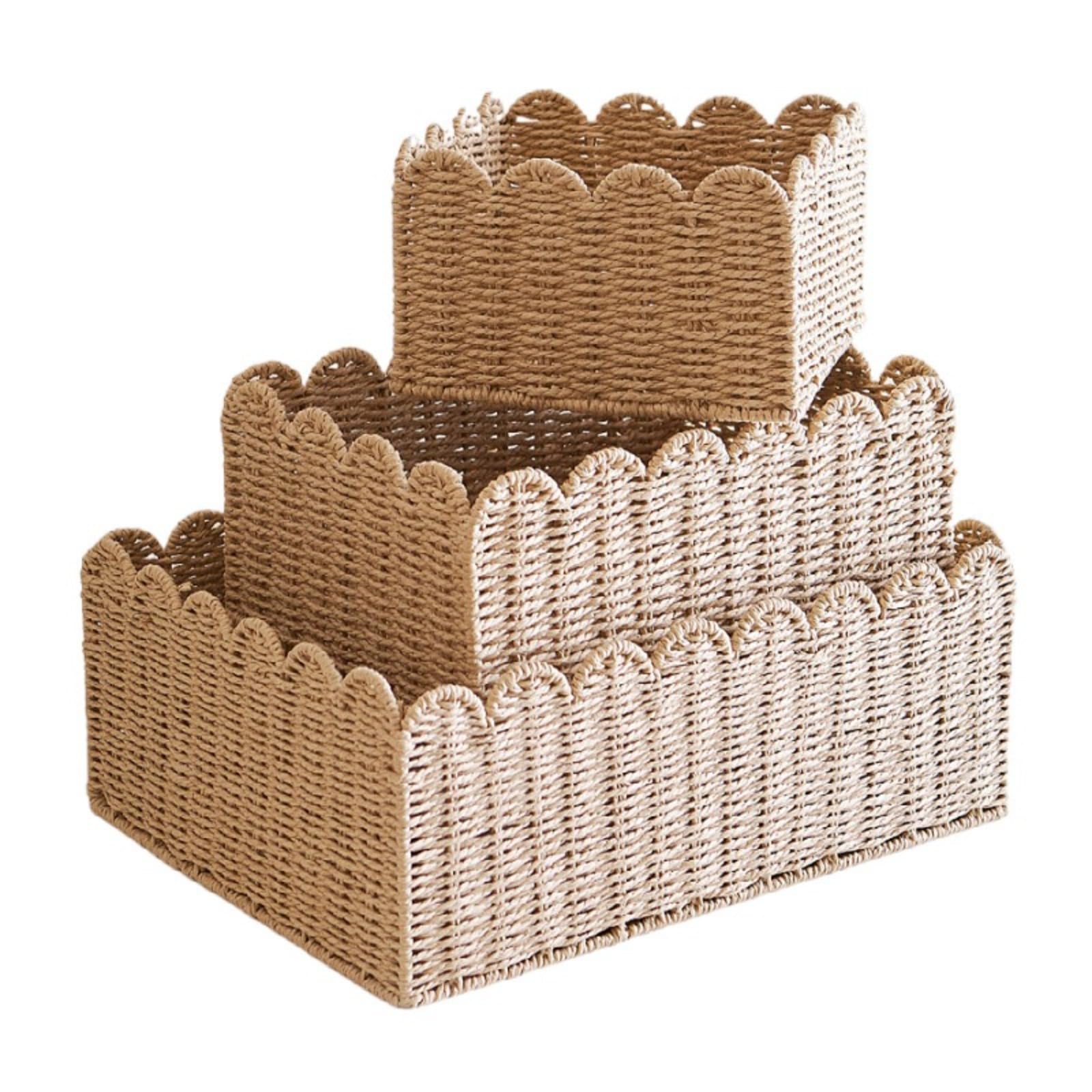 Contorno Belts Scalloped Basket，Wicker Storage Baskets for Shelves，Woven Basket,Rope Basket,Beach Basket（M-14 * 14 * 5.5IN）