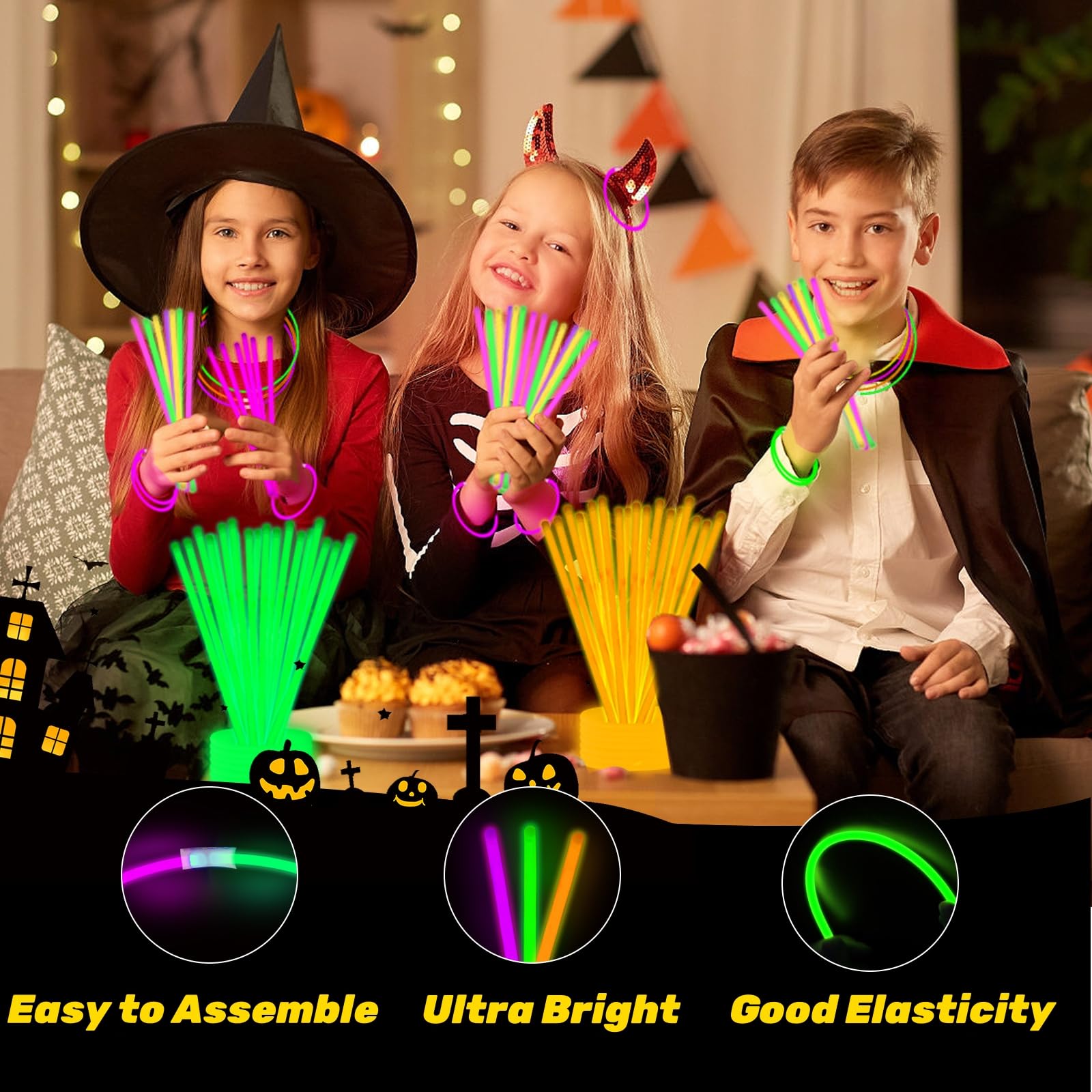 UURM 75 Halloween Glow Sticks for Halloween Party Favors with Connectors, Purple Orange Green Halloween Glow in the Dark Party Supplies, Halloween Goodie Bag Fillers (Purple+Green+Orange)