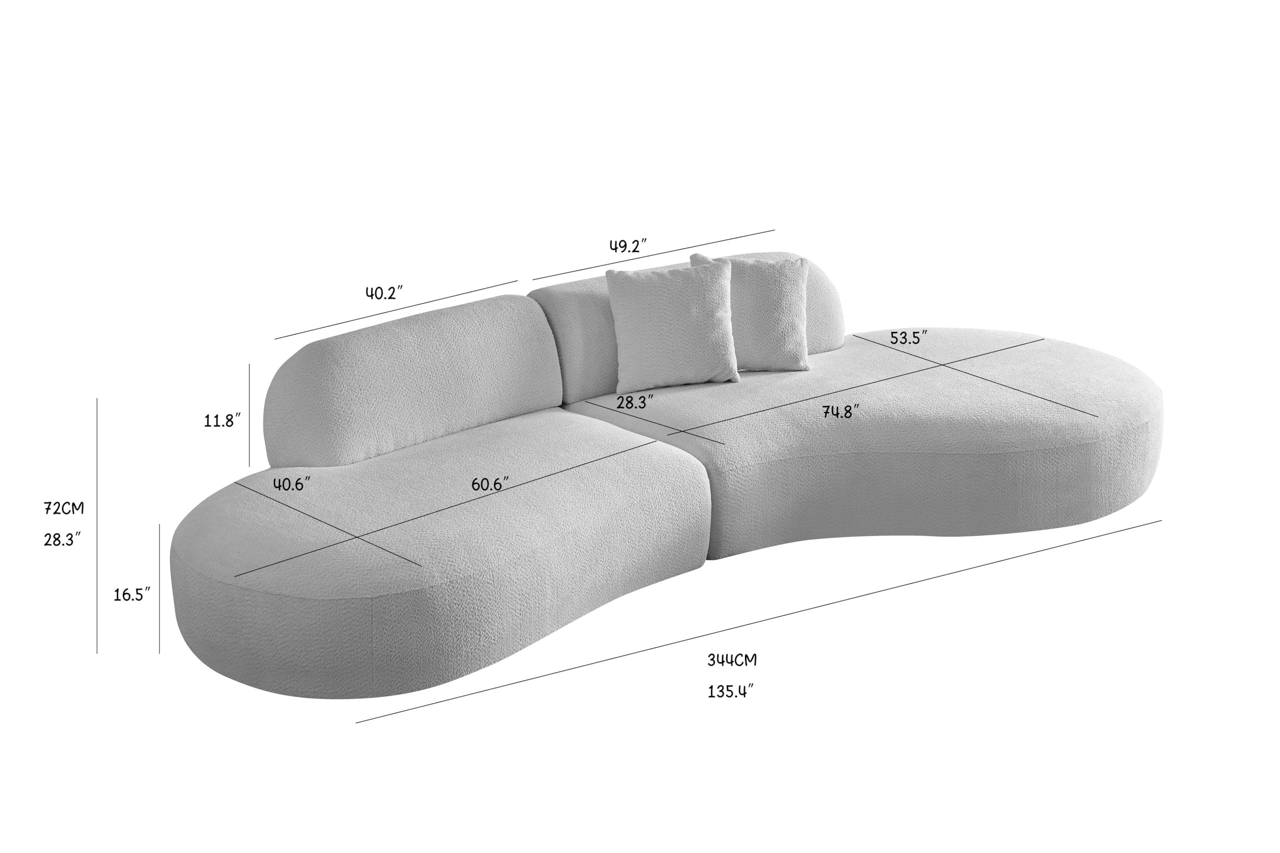 135.4" Curved Sofa Couch, Sectional Modern Boucle Fabric Upholstered Cloud Couch with 2 Pillows, 6 Seater Oversized Chaise Sofa Couch for Living Room,Bedroom,Office, Beige Right Facing