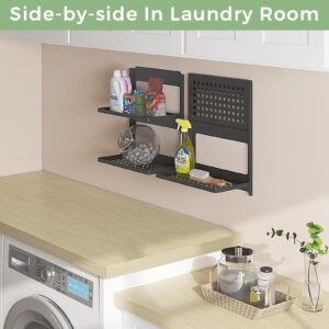 SKIKEN 2-Tier Folding Metal Shelf Wall Mounted | Small Foldable Wall Shelf | Dorp Down | Combined Stackable | Small Combined Floating Shelf for Laundry Room Bathroom Utility RV | 13.4" (Black)