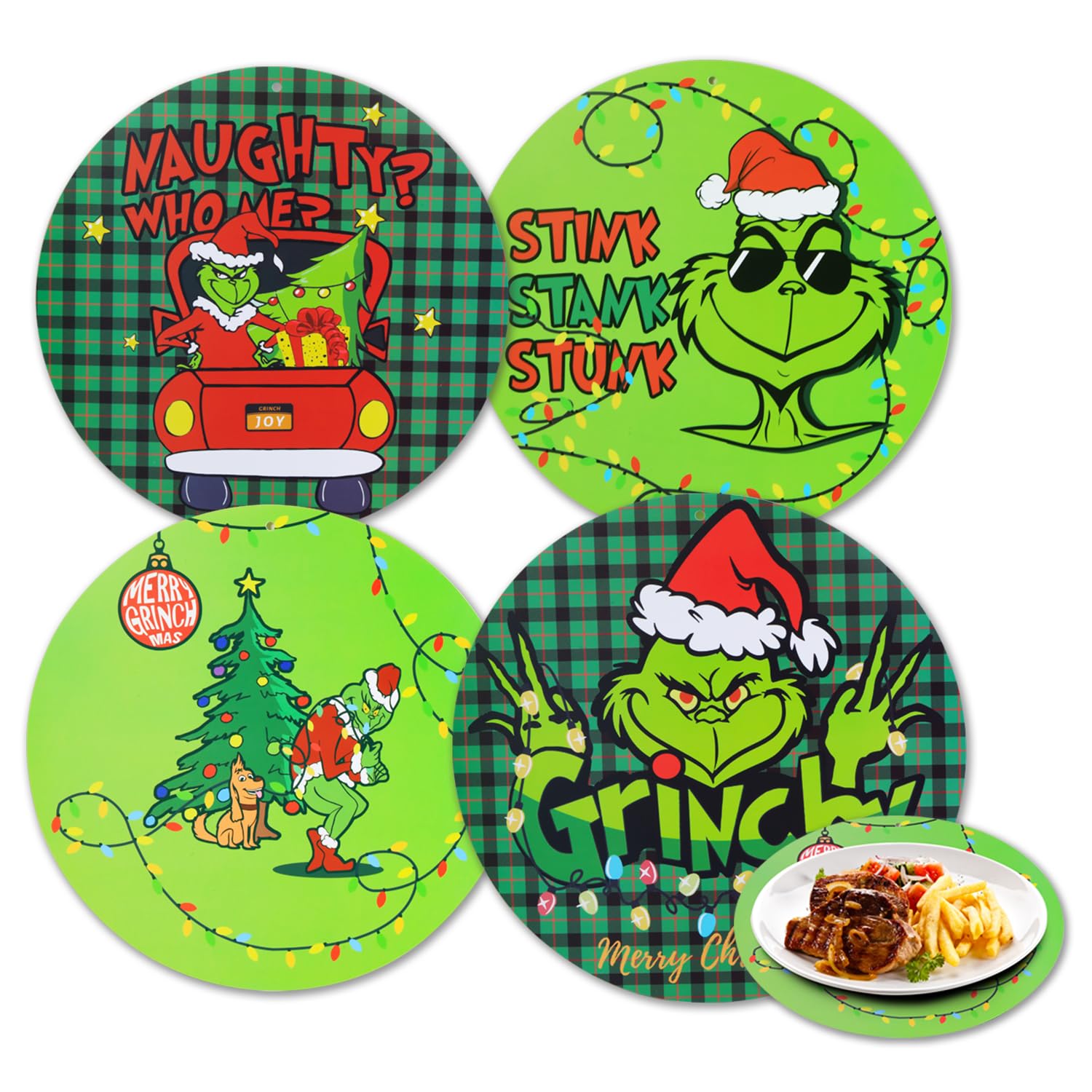 Grinchmas Placemats Set of 4 Xmas Thief Plastic Dining Mats Washable Placemat on Table for Indoor Outdoor Christmas Party Decorations