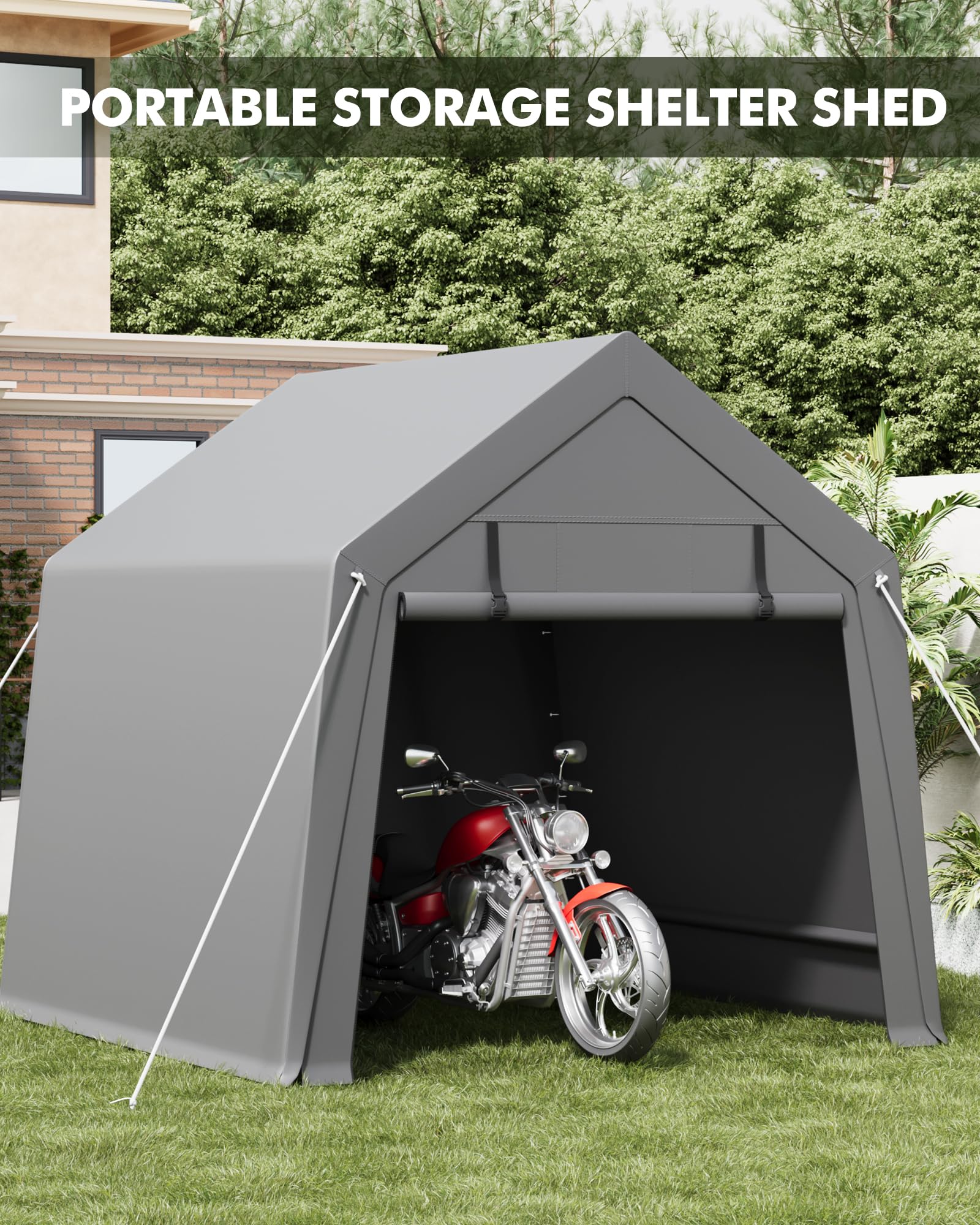 GarveeLife 6 x 8 ft Carport Storage Shed, Portable Garage with Roll-up Zipper Door, Heavy Duty Waterproof Tarp, Storage for Motorcycle, Bike, Firewood, Garden Tools