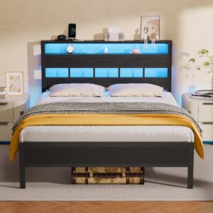 furnulem full size bed frame with led light and charging station, storage headboard with 2-tier shelves, metal platform bed with heavy duty slats support, no box spring needed, black oak