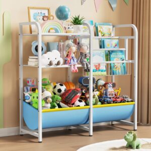 kids bookshelf and toy storage - 3 tier montessori bookshelf with fabric toy box, nursery book shelves for children, baby toddler toy organizer book shelf for kids rooms, living room, bedroom