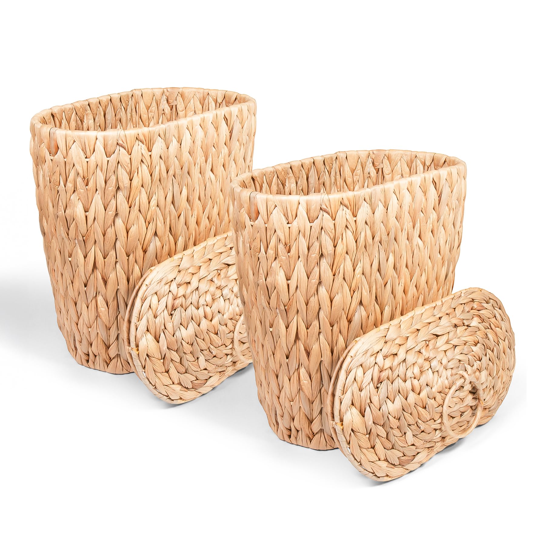 SNOWECRAFT 2-Pack Slim Wicker Basket with Lid – Small Waste Basket for Narrow Spaces | Rattan Decor - Handwoven Water Hyacinth Baskets and Covers | Covered Trash Can - Set of Two