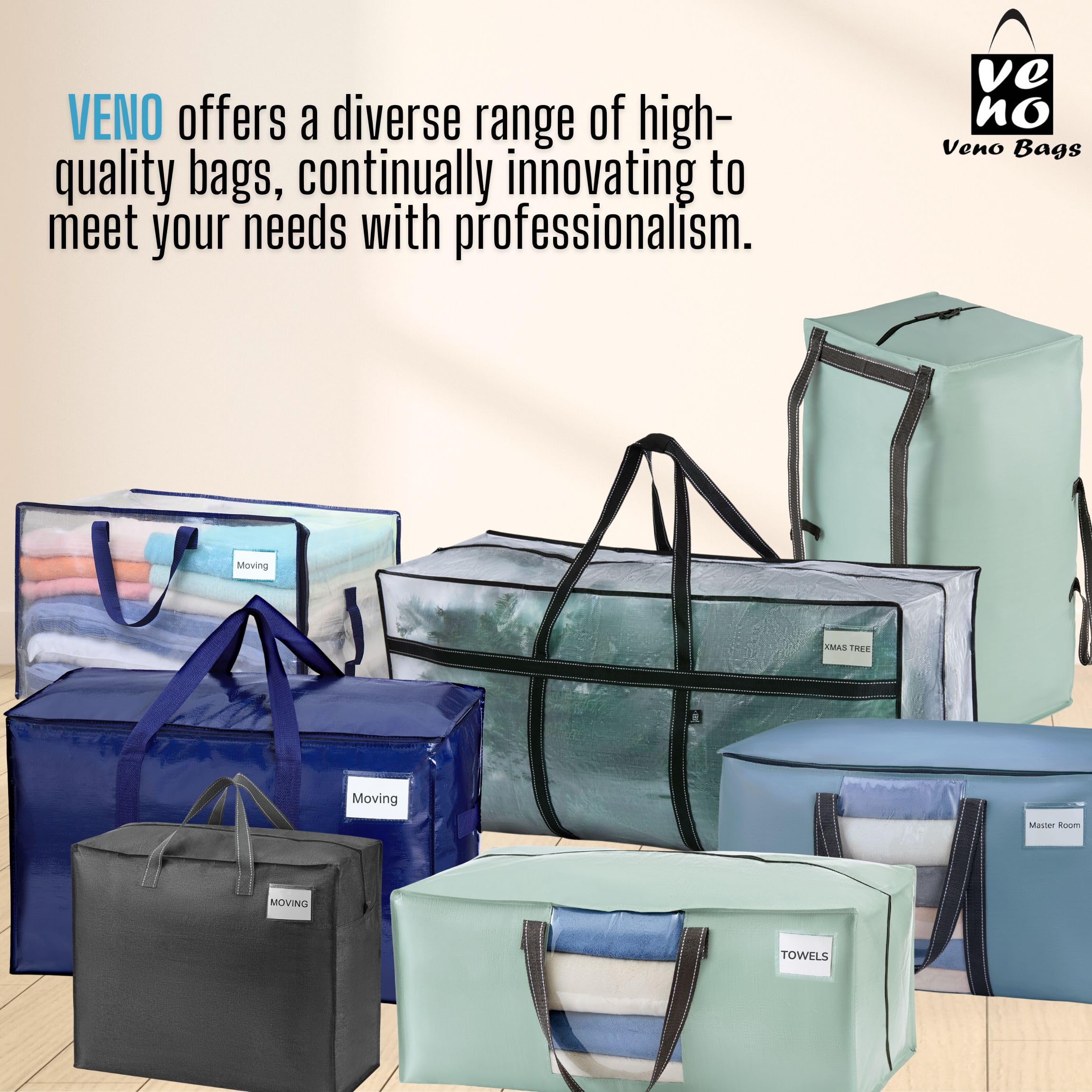 VENO 16 Pack Extra Large Moving Bags with Zippers & Carrying Handles, Heavy-Duty Storage Tote Moving Boxes for Space Saving and Packing (Blue, 16 Pack)