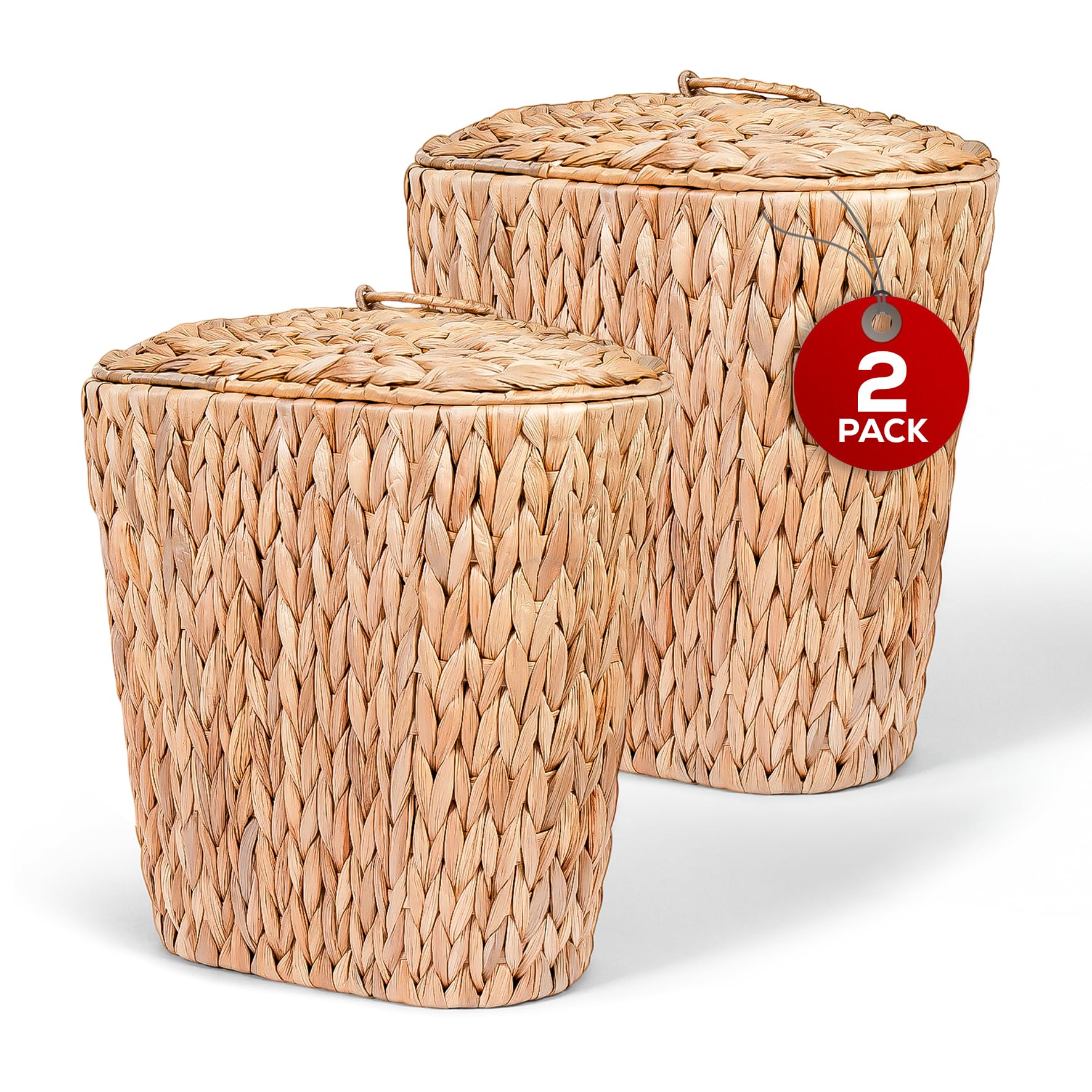 SNOWECRAFT 2-Pack Slim Wicker Basket with Lid – Small Waste Basket for Narrow Spaces | Rattan Decor - Handwoven Water Hyacinth Baskets and Covers | Covered Trash Can - Set of Two