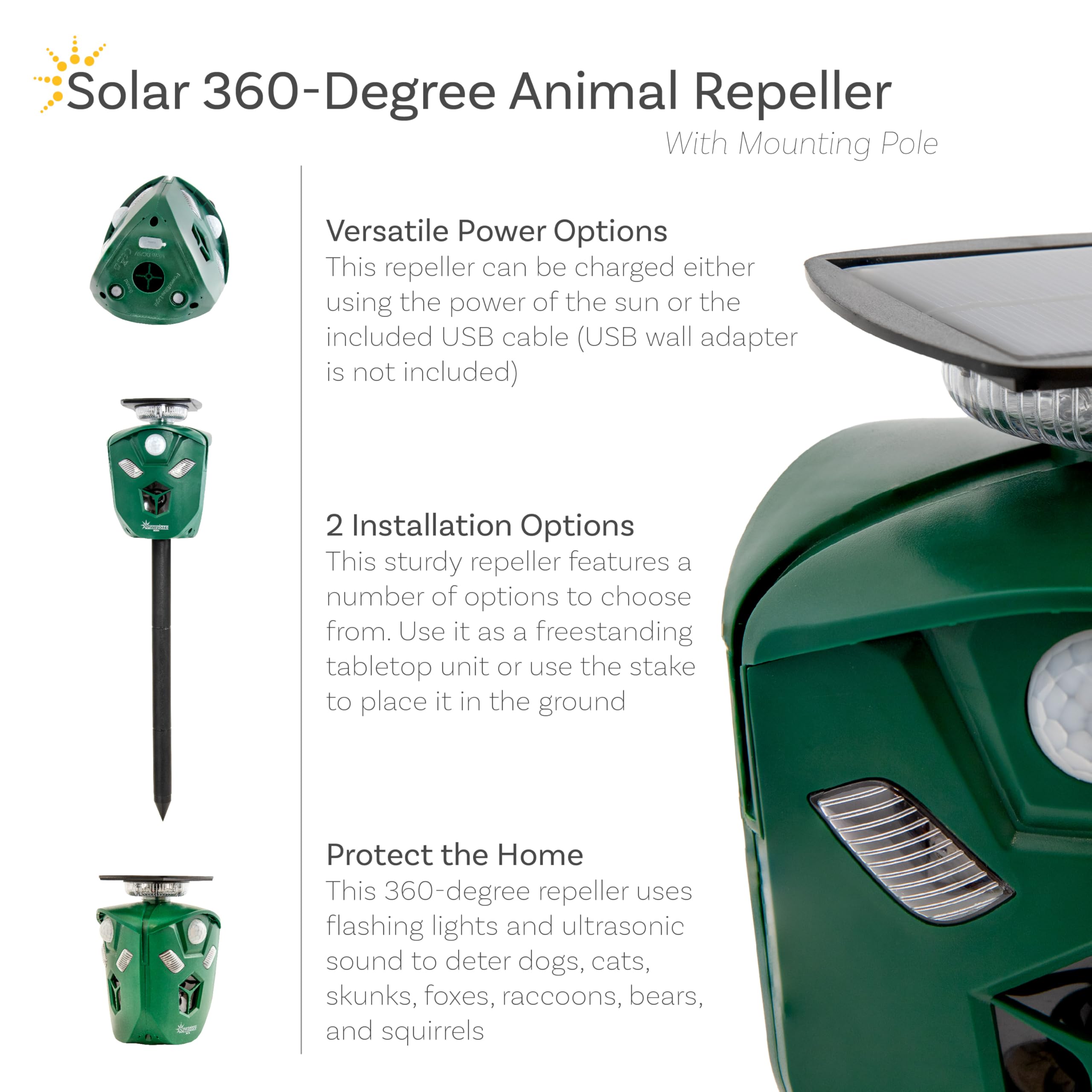 Sunnydaze 360° Solar-Powered Ultrasonic Animal Repeller with Mounting Pole - Solar Power or USB - 3 PIR Motion Sensors