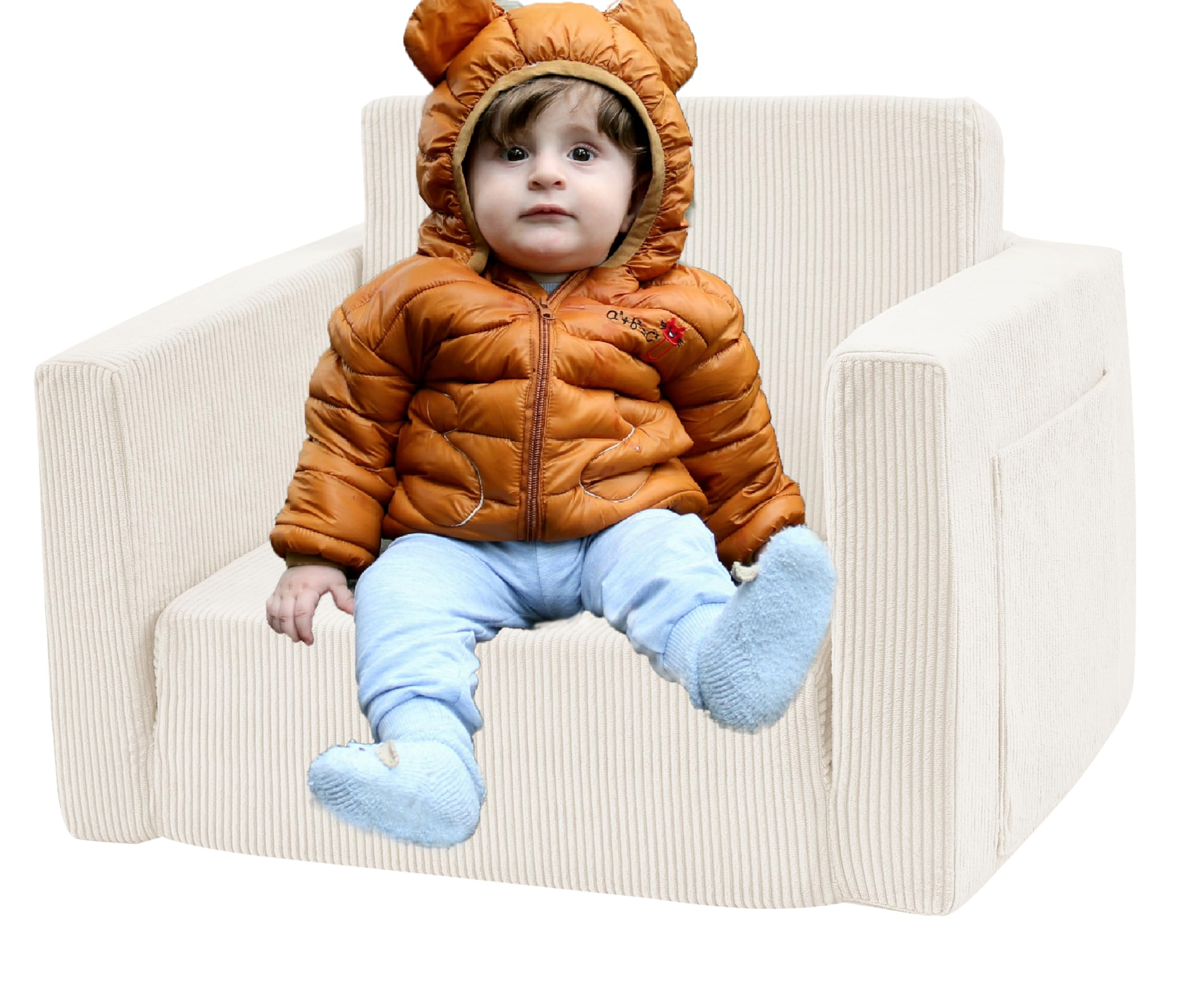 LPMOERA Kids Sofa Toddler Armchair Baby Mini Chiar Corduroy Reading Chair Couch for Bedroom and Playroom with Double Pockets White 3-7T