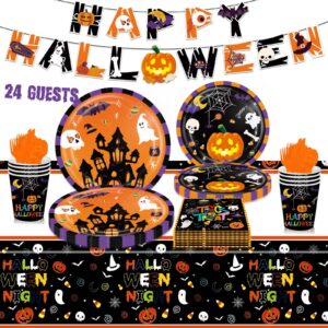 halloween party supplies tableware set 170 pcs, halloween night themed banner plates cups napkins knives forks spoons tablecloth for halloween party trick or treat party halloween table decorations