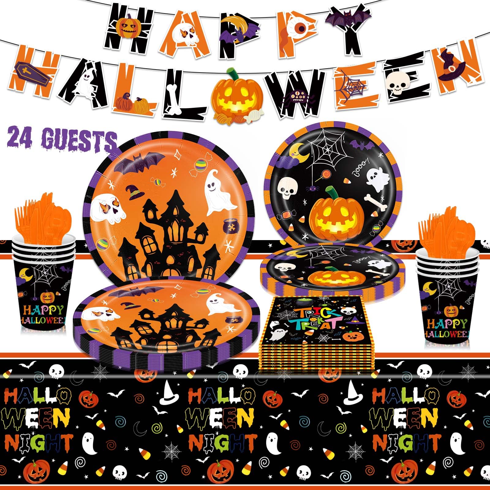 Halloween Party Supplies Tableware Set 170 Pcs, Halloween Night Themed Banner Plates Cups Napkins Knives Forks Spoons Tablecloth for Halloween Party Trick or Treat Party Halloween Table Decorations