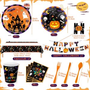 Halloween Party Supplies Tableware Set 170 Pcs, Halloween Night Themed Banner Plates Cups Napkins Knives Forks Spoons Tablecloth for Halloween Party Trick or Treat Party Halloween Table Decorations