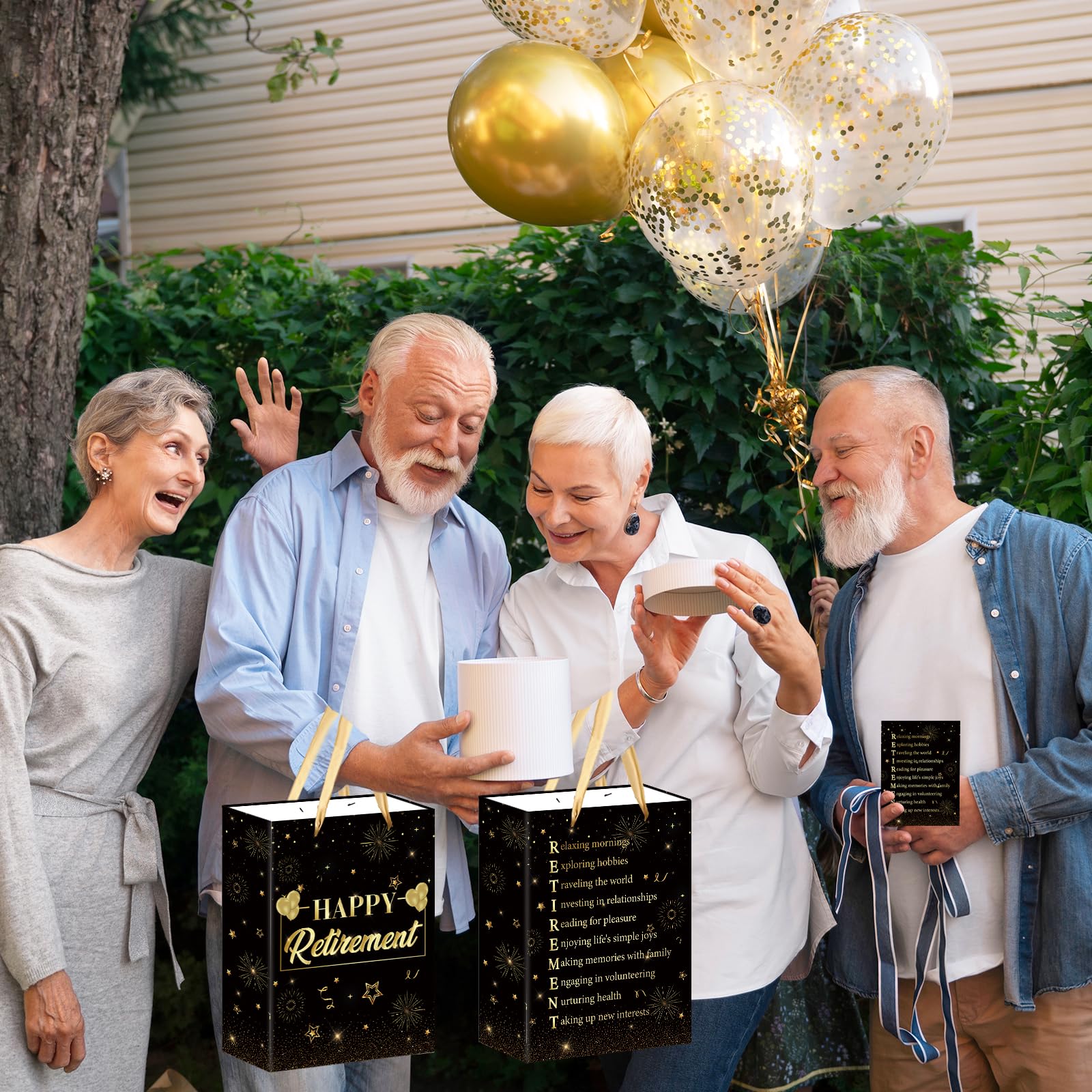 Retirement Gift Bag Happy Retirement Gift Wrapping Paper Bag with Tissue and Funny Retirement Card Black Gold Happy Christmas Retirement Party Decorations Gifts for Men Women Farewell Party Supplies