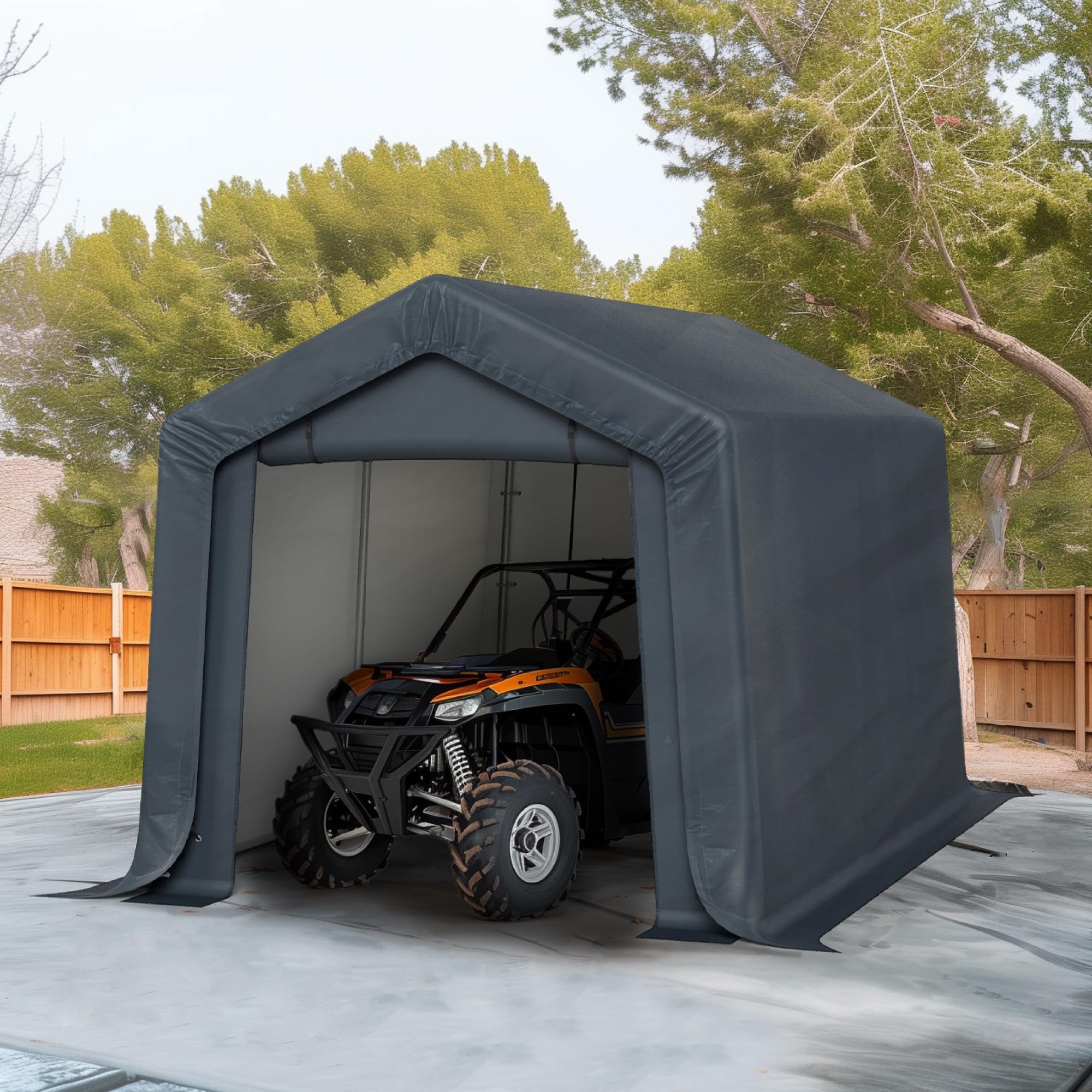 Hera' S Palace 8x12ft Heavy Duty Carport Outdoor Patio Anti-Snow Portable Canopy Storage Shelter Shed with 2 Roll up Zipper Doors Garage Kit Tent for Motorcycle, Snowmobile, Garden Tools, Dark Gray