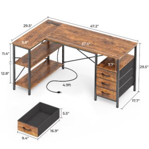 Huuger L Shaped Desk with Power Outlets, Computer Desk with 3 Drawers, 47 Inch Office Desk with Shelves, Gaming Desk, Corner Desk Work Desk for Home Office, Study, Rustic Brown