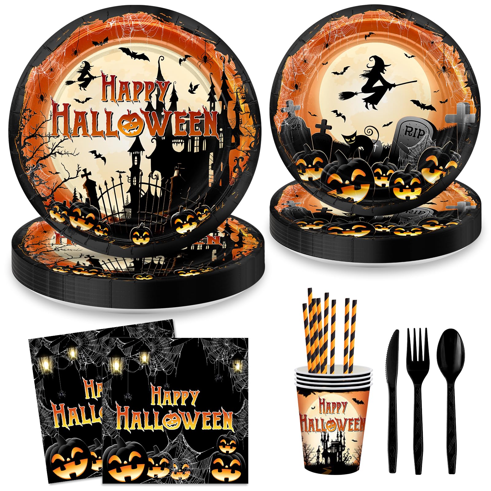 Avezano 192 Pcs Halloween Paper Plates and Napkins Happy Halloween Tableware Scary Moon Night Halloween Birthday Baby Shower Party Decorations Serve 24 (Orange)