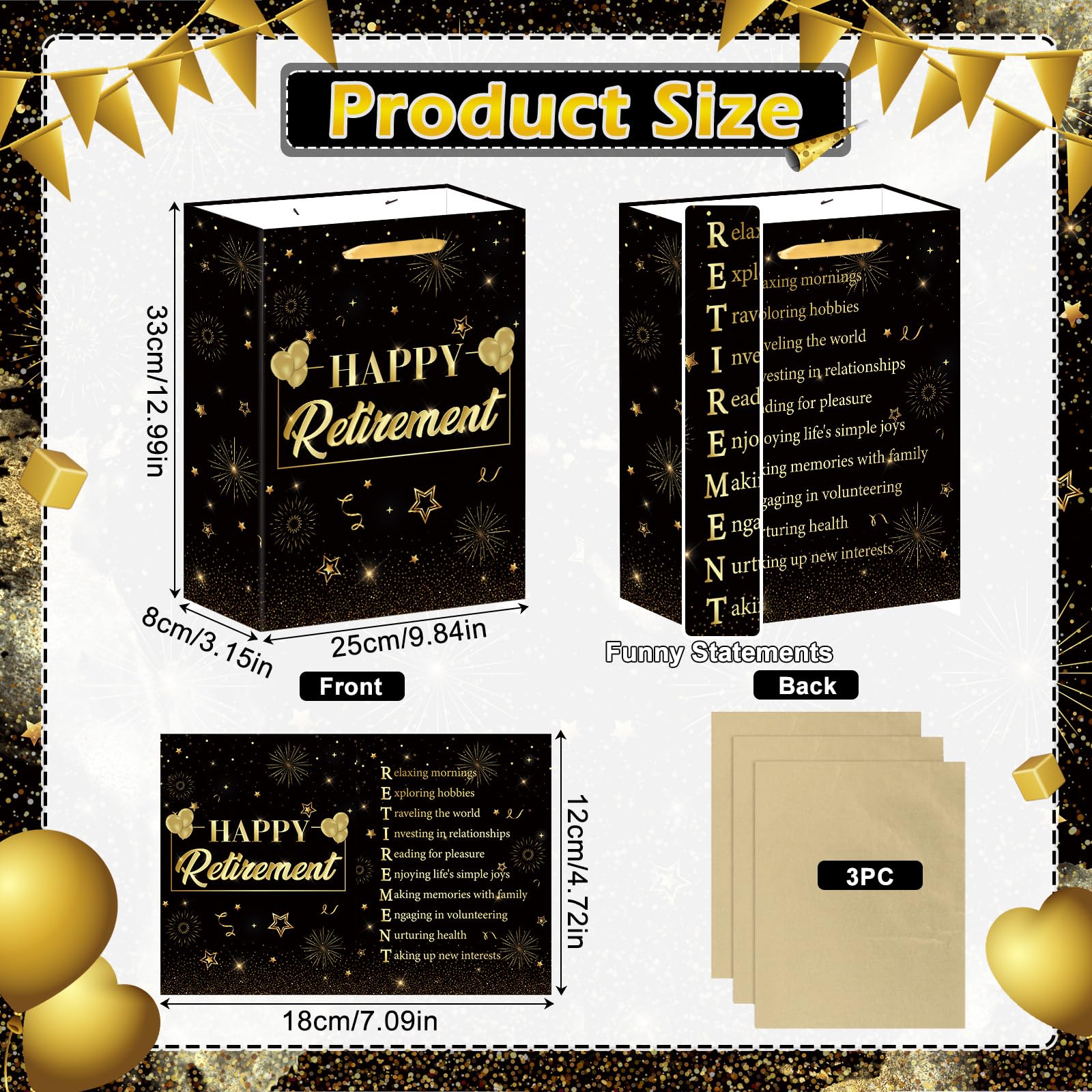 Retirement Gift Bag Happy Retirement Gift Wrapping Paper Bag with Tissue and Funny Retirement Card Black Gold Happy Christmas Retirement Party Decorations Gifts for Men Women Farewell Party Supplies