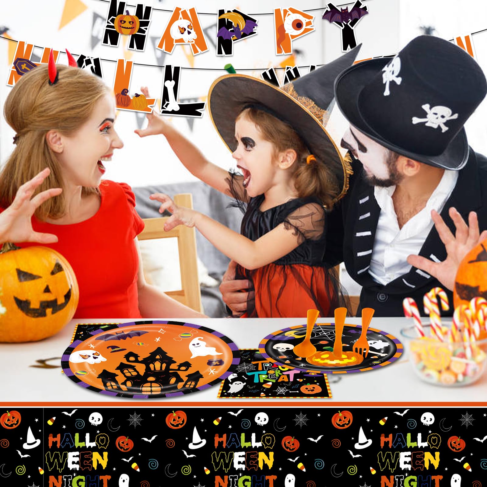 Halloween Party Supplies Tableware Set 170 Pcs, Halloween Night Themed Banner Plates Cups Napkins Knives Forks Spoons Tablecloth for Halloween Party Trick or Treat Party Halloween Table Decorations