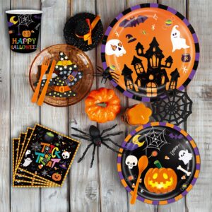 Halloween Party Supplies Tableware Set 170 Pcs, Halloween Night Themed Banner Plates Cups Napkins Knives Forks Spoons Tablecloth for Halloween Party Trick or Treat Party Halloween Table Decorations