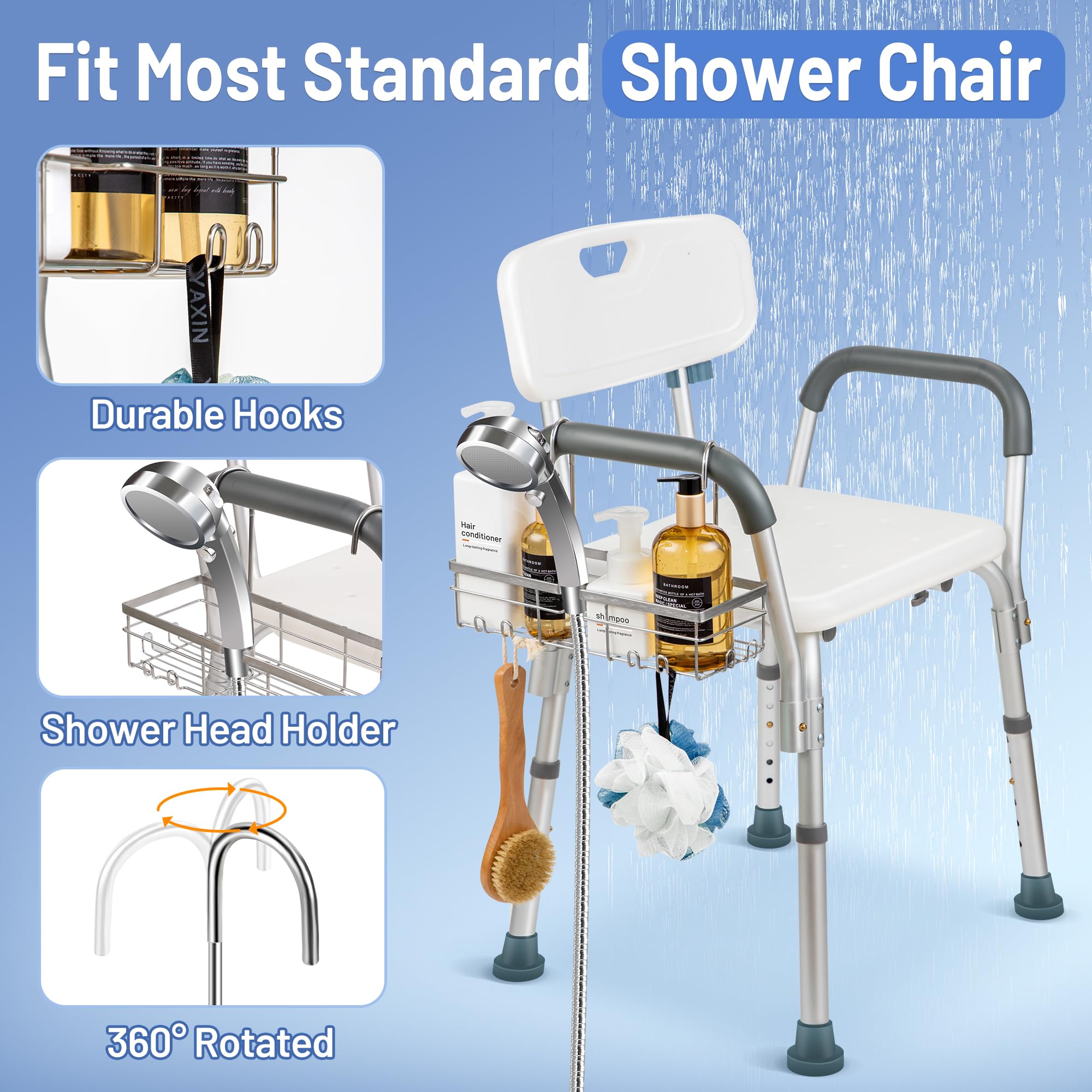 YUOROS Shower Caddy Hanging, 304 Stainless Steel Shower Organizer Rack for Shower Chair Bench for Elderly Seniors Disabled Handicap