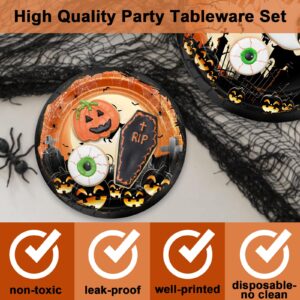 Avezano 192 Pcs Halloween Paper Plates and Napkins Happy Halloween Tableware Scary Moon Night Halloween Birthday Baby Shower Party Decorations Serve 24 (Orange)