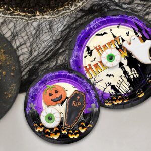 Avezano 192 Pcs Halloween Paper Plates and Napkins Happy Halloween Tableware Scary Moon Night Halloween Birthday Baby Shower Party Decorations Serve 24 (Purple)