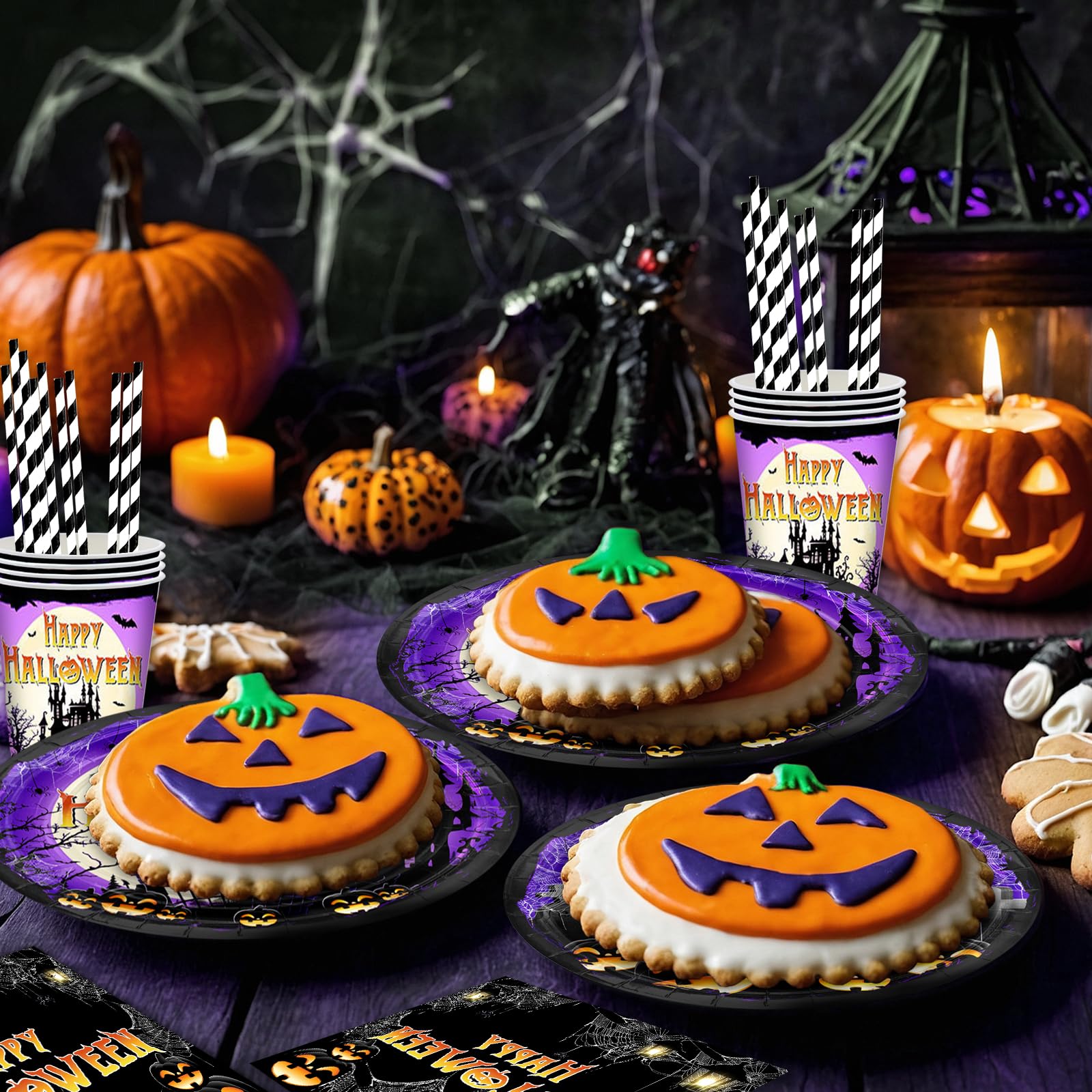 Avezano 192 Pcs Halloween Paper Plates and Napkins Happy Halloween Tableware Scary Moon Night Halloween Birthday Baby Shower Party Decorations Serve 24 (Purple)