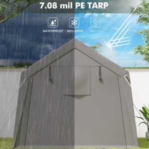 GarveeLife 6 x 8 ft Carport Storage Shed, Portable Garage with Roll-up Zipper Door, Heavy Duty Waterproof Tarp, Storage for Motorcycle, Bike, Firewood, Garden Tools