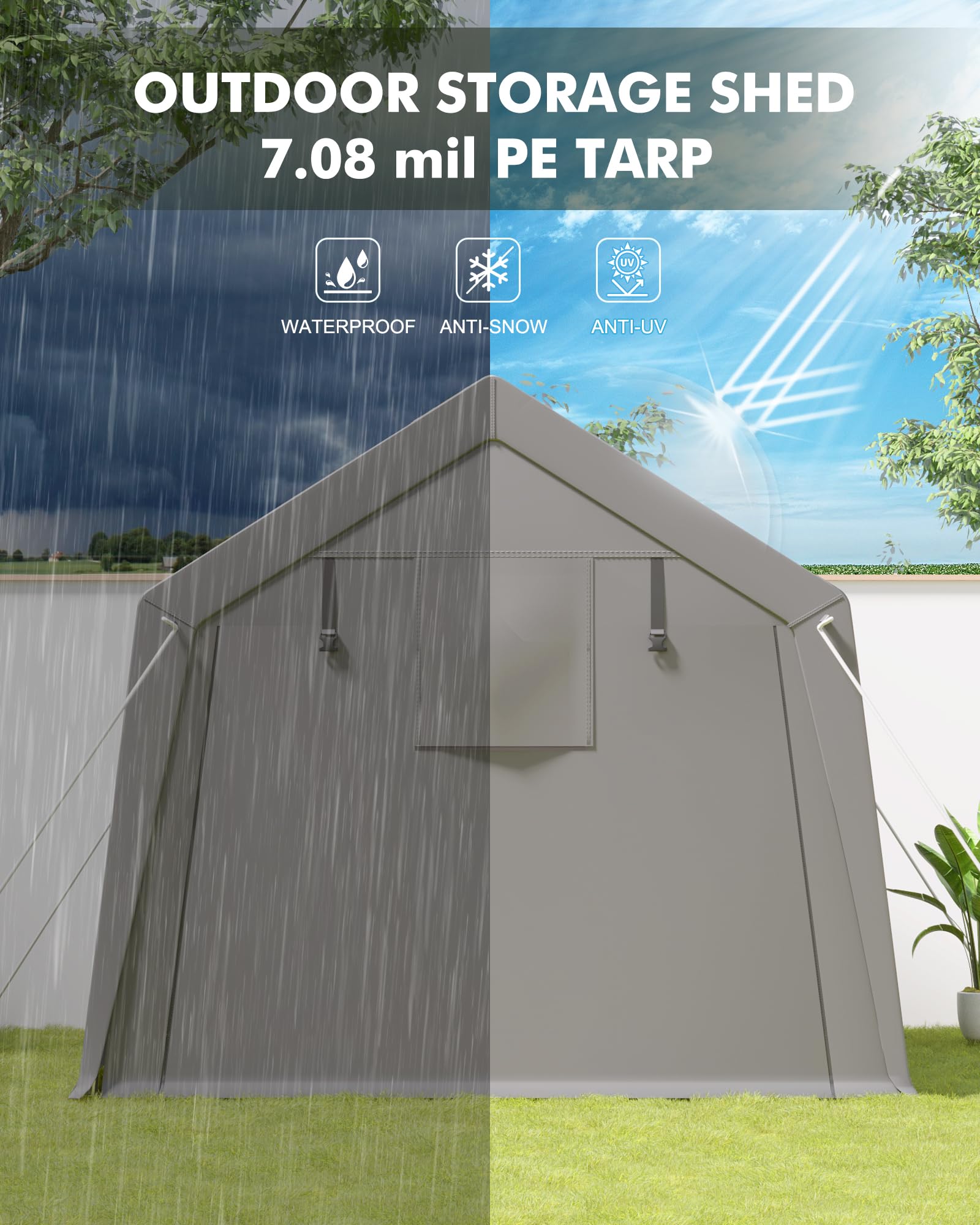 GarveeLife 6 x 8 ft Carport Storage Shed, Portable Garage with Roll-up Zipper Door, Heavy Duty Waterproof Tarp, Storage for Motorcycle, Bike, Firewood, Garden Tools