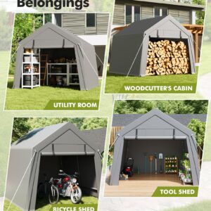 GarveeLife 6 x 8 ft Carport Storage Shed, Portable Garage with Roll-up Zipper Door, Heavy Duty Waterproof Tarp, Storage for Motorcycle, Bike, Firewood, Garden Tools