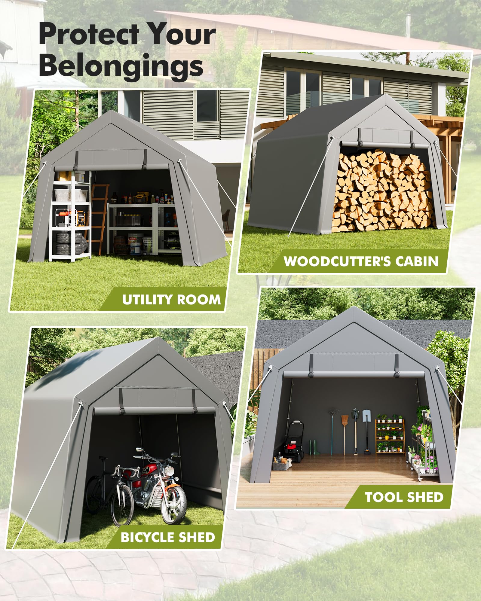 GarveeLife 6 x 8 ft Carport Storage Shed, Portable Garage with Roll-up Zipper Door, Heavy Duty Waterproof Tarp, Storage for Motorcycle, Bike, Firewood, Garden Tools