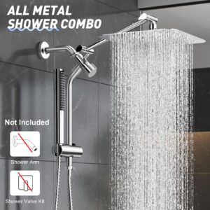 Veken 10'' All Metal Shower Head with Handheld Spray Combo, High Pressure Square Shower Heads with Wand & Extension Arm, Rain Shower Head with Power Wash, Wide Adjustable Rainfall Showerhead Chrome