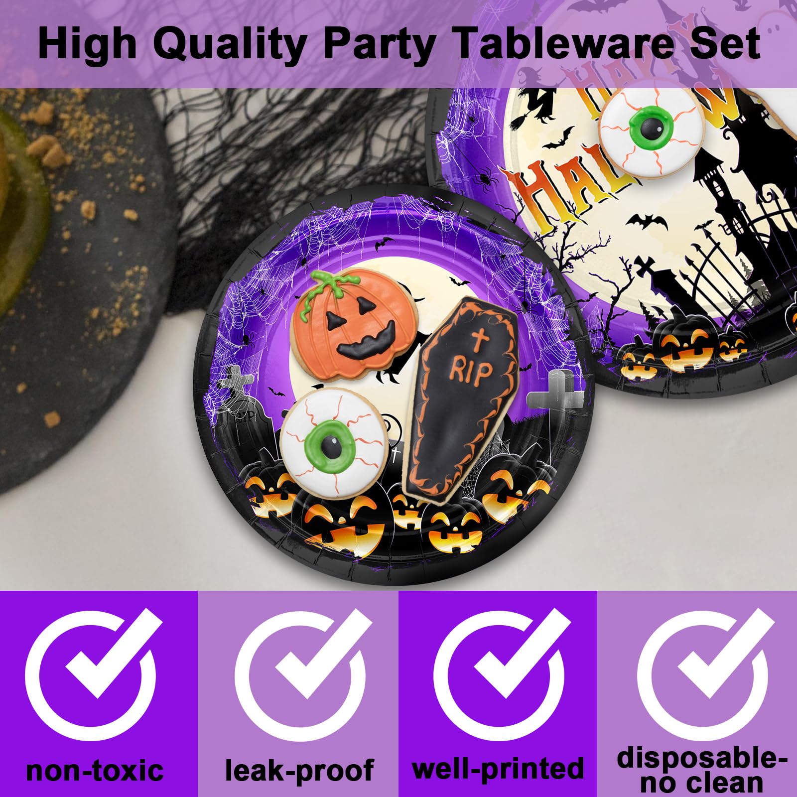 Avezano 192 Pcs Halloween Paper Plates and Napkins Happy Halloween Tableware Scary Moon Night Halloween Birthday Baby Shower Party Decorations Serve 24 (Purple)