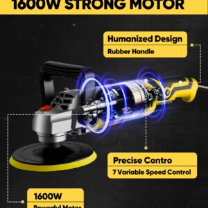 SILVEL Buffer Polisher, 1600W 7 Inch/6 Inch Polisher for Car Detailing, Wax Machine, 7 Variable Speed, with 6 Foam Pads, 3 Wool Pads, Packaging Bag, for Boat Polishing and Waxing